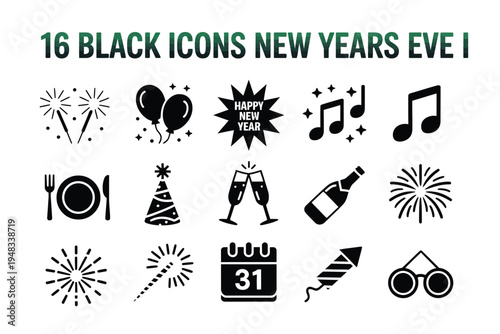 Festive New Year's Eve celebration icons including fireworks, champagne, and music notes.