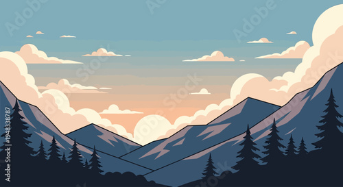 Mountain landscape at sunrise with soft clouds