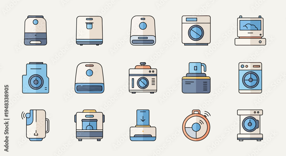 Fototapeta premium Flat icons of various home appliances, including washers, dryers, and old computers