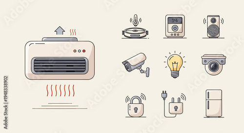 Illustrated smart home devices heater, thermometer, timer, speaker, cameras, bulb, lock, plug, fridge