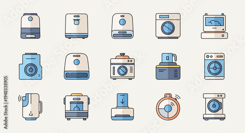 Flat icons of various home appliances, including washers, dryers, and old computers