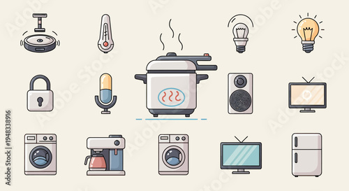 A collection of common household appliances and gadgets in a simple, flat design style
