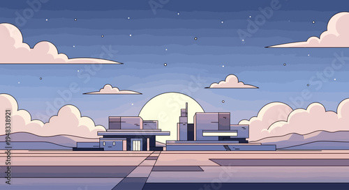 A stylized geometric building stands against a pastel twilight sky