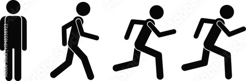 Stick Figure Progression Set Showing Human Motion From Standing To Walking And Running Sequence Silhouette Icons For Fitness Health And Evolution