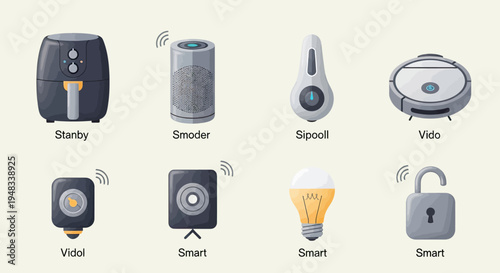 Eight smart home devices depicted in a clean, modern illustration