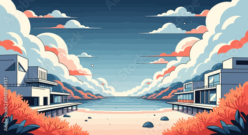 Modern beach houses with colorful clouds over a serene ocean