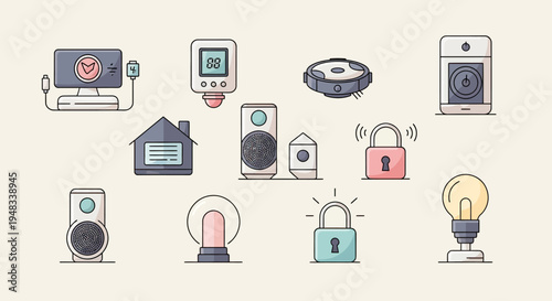 Various smart home devices like computer, thermostat, robot vacuum, speaker, locks, camera, siren, bulb
