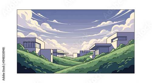 Modern homes nestled in rolling green hills under a dramatic sky