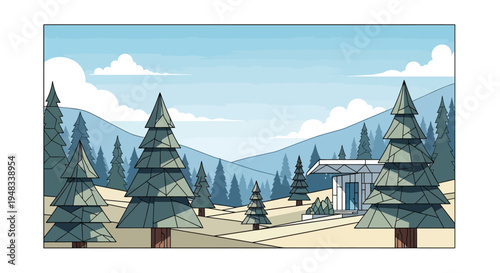 Minimalist modern home nestled amongst pine trees and rolling hills