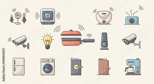 A collection of smart home appliances and security devices depicted as icons
