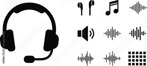 Minimalist Black Audio Icon Set Featuring Gaming Headset With Microphone Earbuds Music Notes Sound Waves And Digital Volume Equalizer Graphics