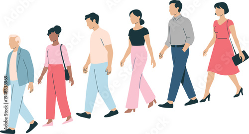 Six diverse illustrated individuals walking in a line from left to right, dressed in casual and semi‑formal attire, symbolizing urban lifestyle, diversity, and social movement concepts.