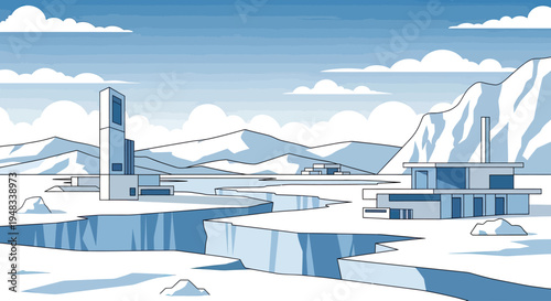 Futuristic architecture on a frozen landscape under a cloudy sky