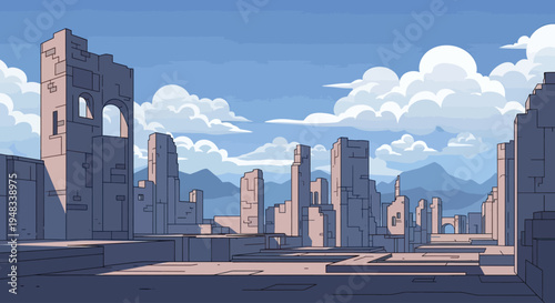 Dilapidated city ruins under a cloudy blue sky with distant mountains