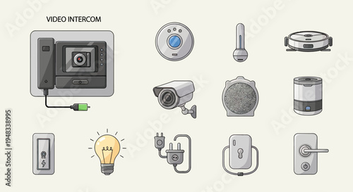 Collection of smart home devices including video intercom, cameras, and sensors