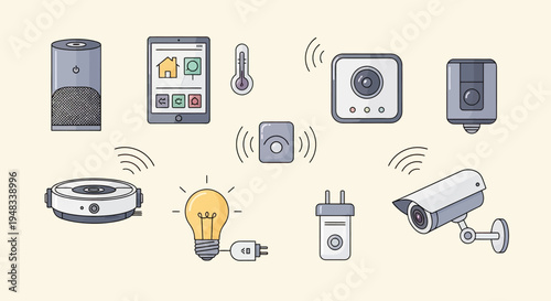 Collection of smart home devices speaker, tablet, thermometer, cameras, bulb, plug, robot