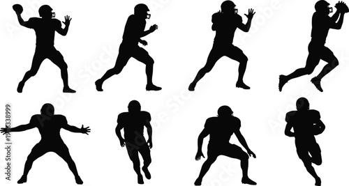American football player silhouette set, professional athletes in action poses, quarterback throwing ball, running back, defensive line, sports vector illustration.