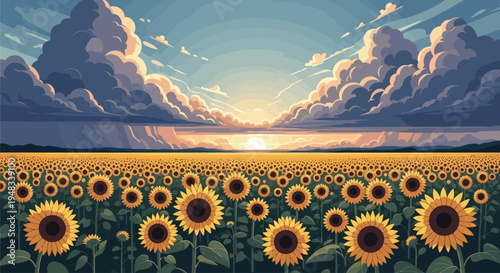 Vast sunflower field under dramatic cloudy sunset sky