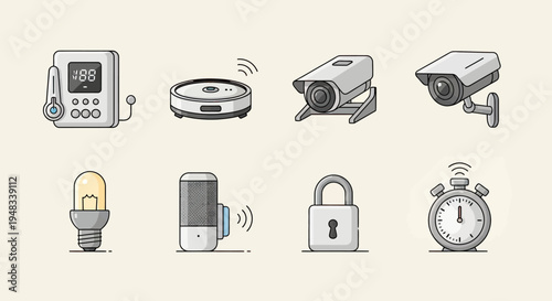 Collection of smart home devices thermometer, robot vacuum, cameras, lightbulb, speaker, lock, stopwatch