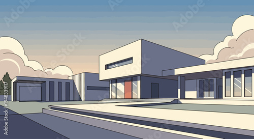 Geometric modern house with clean lines, large windows, and attached garage