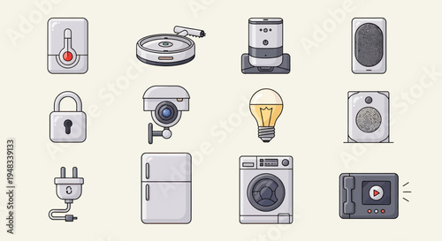 A grid of smart home devices including a thermometer, robot vacuum, speaker, and security camera