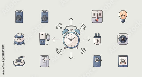 Central alarm clock surrounded by various smart home devices and icons