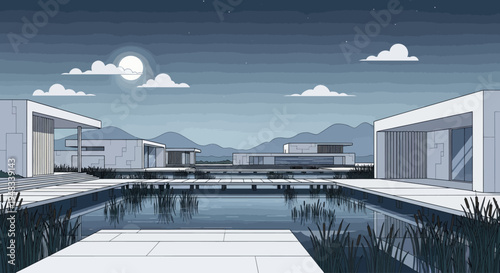 Modern architecture reflected in tranquil water under a moonlit sky