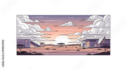 Modern desert homes under a vast, cloudy sunset sky