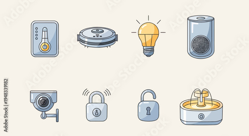 Smart home devices thermometer, robot vacuum, lightbulb, air purifier, camera, locks, pet fountain