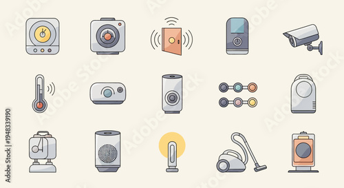 Various smart home device icons, including cameras, sensors, and cleaning equipment