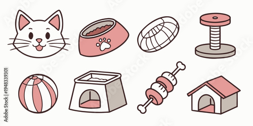 a set of cartoon cat toys and accessories Vector