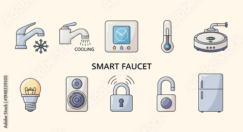 An illustration of various smart home devices, including faucets and appliances