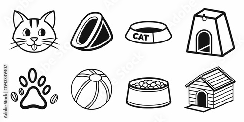black and white line drawing of cat and dog items Vector