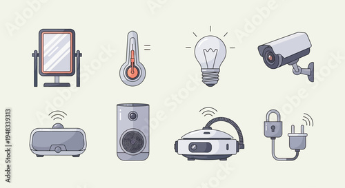 Smart home devices mirror, thermometer, light, camera, projector, speaker, robot vacuum, plug