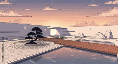 Serene minimalist garden with a bonsai tree, water features, and architectural elements at sunset