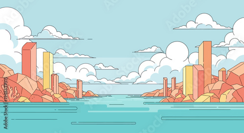 Minimalist landscape of a tranquil sea with coastal buildings and clouds