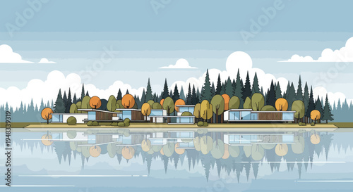 Modern homes nestled among trees, reflected in calm water under a cloudy sky