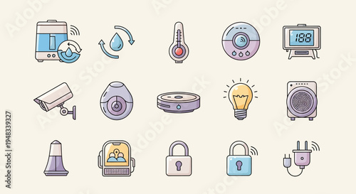 Collection of smart home device icons including security, climate, and lighting