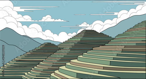 Stylized green and brown terraced hills rise towards a blue sky with stylized clouds