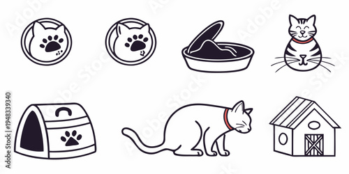 a set of cat icons including a cat house and pet bowl Vector