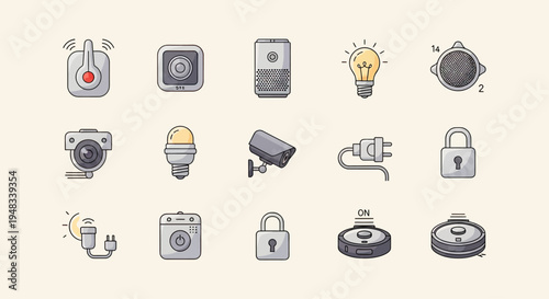 Icons representing various smart home devices and security elements