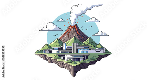 Floating island with modern architecture and active volcano