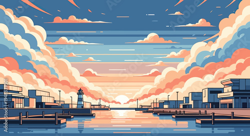 A vibrant pixelated waterfront at sunset, with buildings and a lighthouse