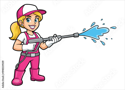 Cartoon woman using a pressure washer vibrant colors on transparent background silhouette high quality professional detailed modern elegant stylish clean crisp