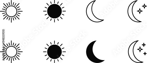 Sun and Moon Icon Set Featuring Day Night Mode Switch, Weather Symbols, Celestial Crescent, Solar Rays, Starlight, and UI Design Elements