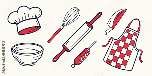 a collection of kitchen utensils and chef's hat Vector