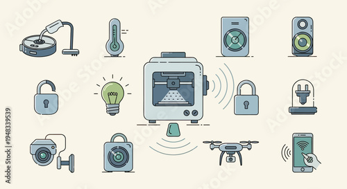Various smart home and gadget icons displayed against a cream background