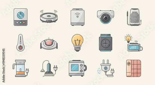 Collection of modern home appliances and smart devices, outlined in color