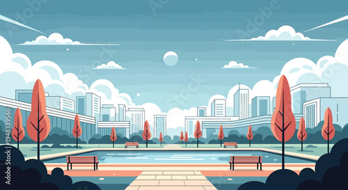 Stylized cityscape with a pool, trees, benches, and clouds under a pale moon