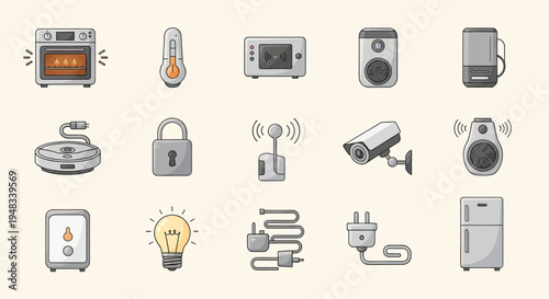 A collection of home appliances and smart devices, including kitchenware, security, and climate control